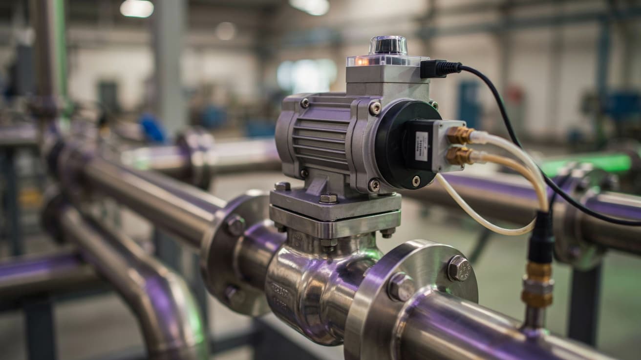 Válvula de bola industrial con actuador neumático y electroválvula piloto montada en interfaz NAMUR