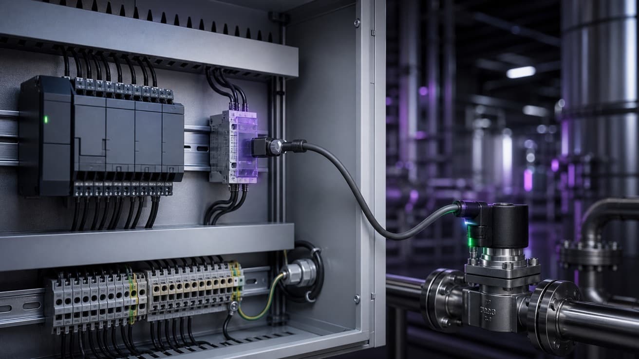 Electroválvula industrial conectada de forma ordenada a un PLC mediante una interfaz de relevador
