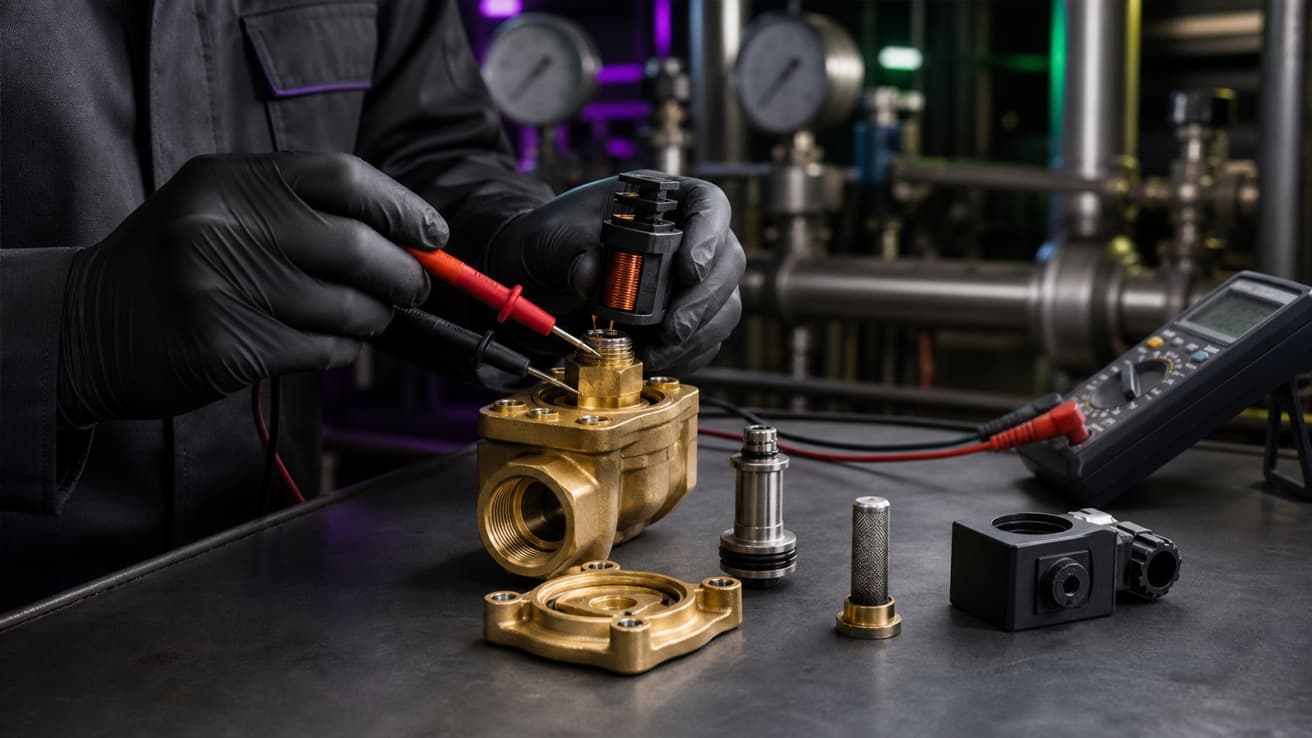 Técnico diagnosticando una electroválvula industrial con un multímetro