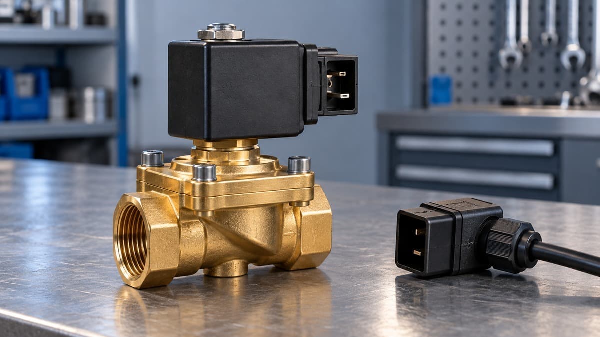 Válvula solenoide genérica de latón junto a un conector desconectado sobre una mesa de taller; imagen ilustrativa.