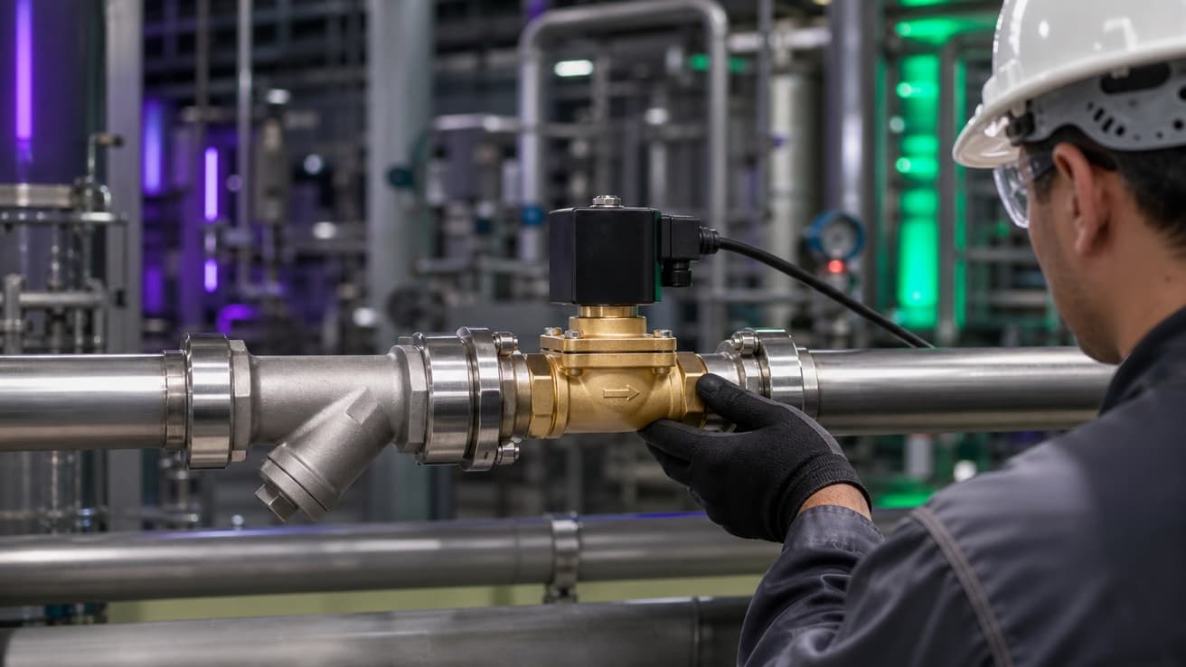 Válvula solenoide instalada en una tubería industrial con filtro previo