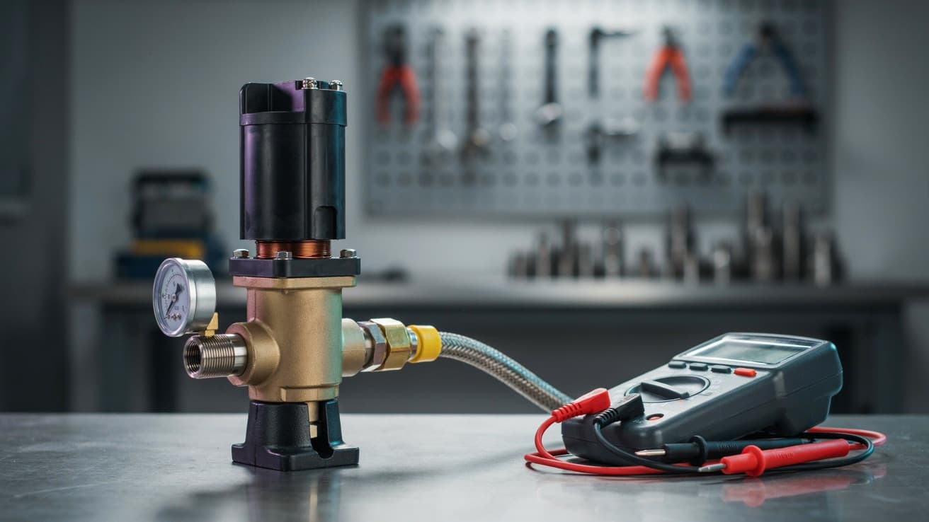 Electroválvula de bronce montada en un banco de pruebas con manómetro y conexión de aire para verificación