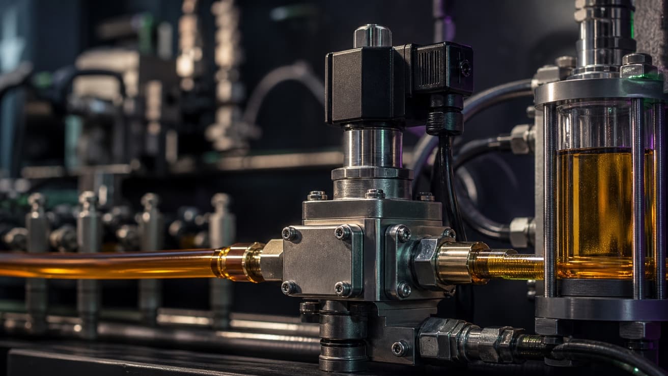 Válvula solenoide de acero inoxidable controlando aceite industrial