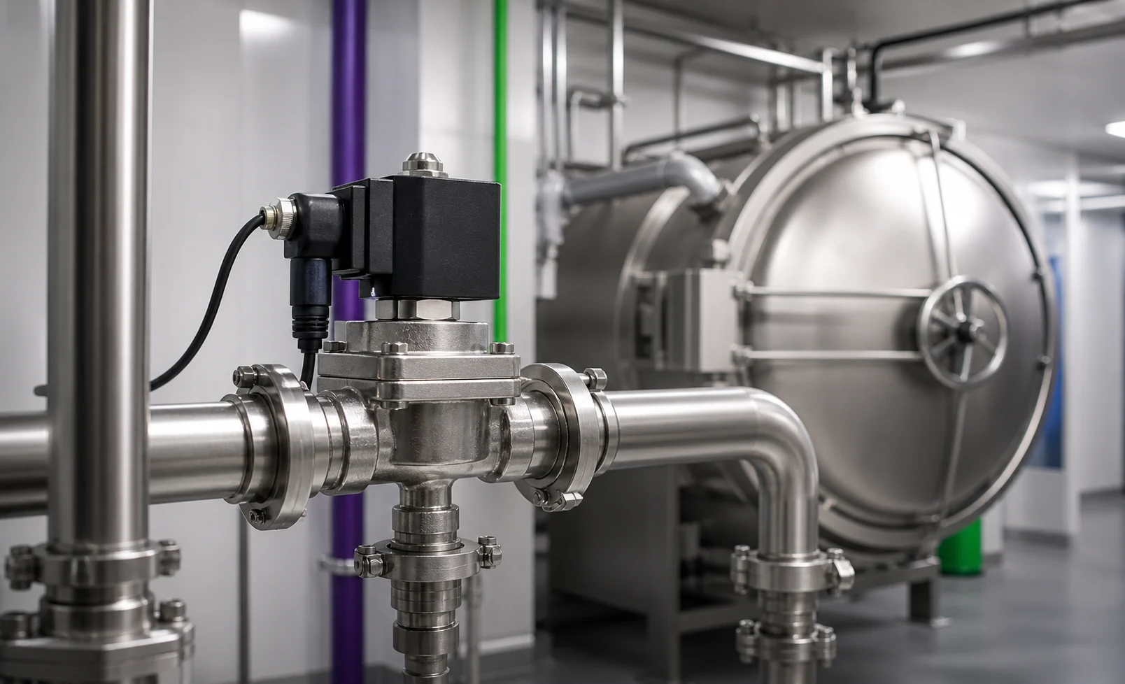 Válvula solenoide instalada en un sistema de esterilización