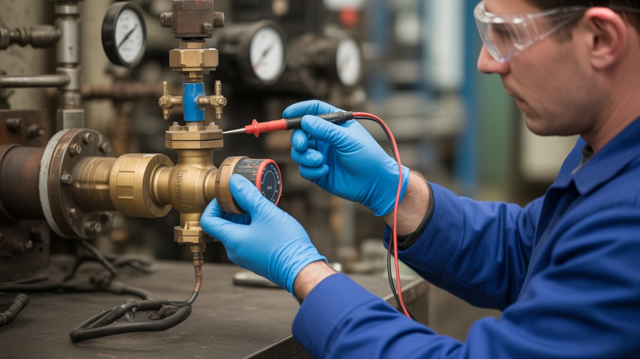 Técnico realizando mantenimiento preventivo a válvula solenoide industrial